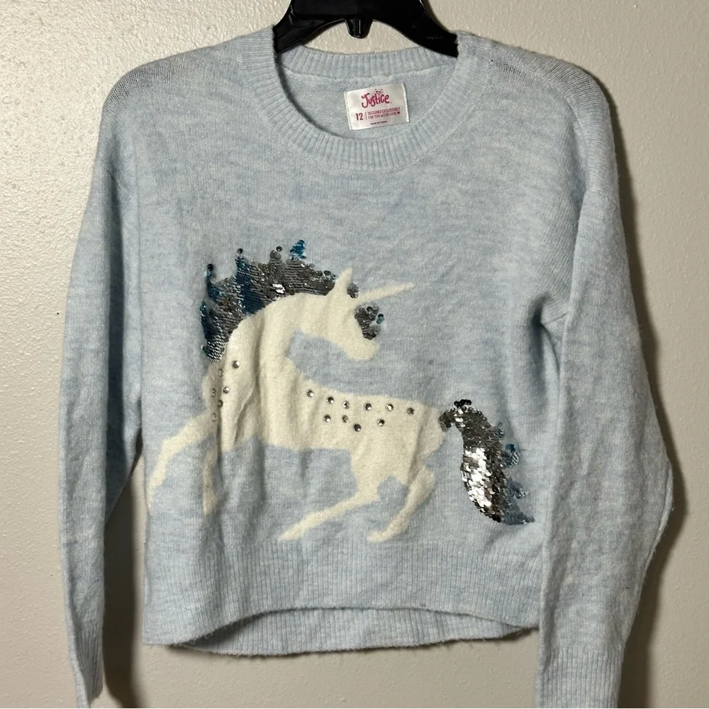Justice Girl Kids Blue‎ Unicorn Holiday Sweater Pullover Knit size 12